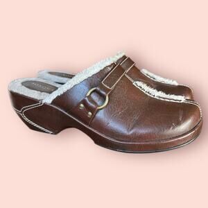 Y2K Brown Clog Mule Wedges Chunky Size 10 Studs Faux Fur Lined Vegan Leather